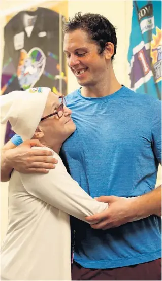  ?? RICARDO RAMIREZ BUXEDA/ORLANDO SENTINEL ?? Solar Bears defenseman Alexander Kuqali hugs his mother, Marcia Karuba, after practice last week. Karuba was diagnosed with ovarian cancer in August and is scheduled for surgery Wednesday in Pittsburgh.