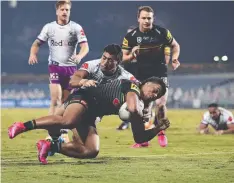  ?? Picture: BRETT COSTELLO ?? Penrith's Brian To’o scores a try in the win.