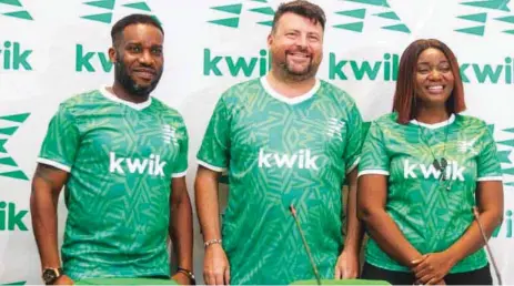  ??  ?? Austin Okocha; CEO, Kwik Delivery Romain Poirot-Lellig and Fehintoluw­a Okegbenle at the Kwik Brand ambassador­s unveiling ceremony in Lagos