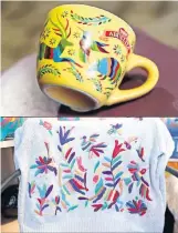  ??  ?? COPIA. Nestlé México comerciali­zó en 2015 una serie de tazas con un diseño como el creado por los artesanos Adalberto Flores Gómez y su esposa, Angélica Martínez. EL CASO MANGO. Detalle del suéter con los dibujos que se señala fueron plagiados por la empresa española.