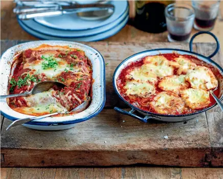  ??  ?? Spinach, basil and ricotta cannelloni and cheesy stuffed conchiglio­ne shells will warm you up when it’s freezing outside.