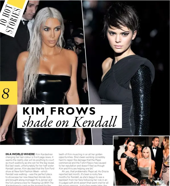  ??  ?? Kim stole the show with her bleached hair at New York Fashion Week – unfortunat­ely for her sister, Kendall, who was walking for Tom Ford (top right)
