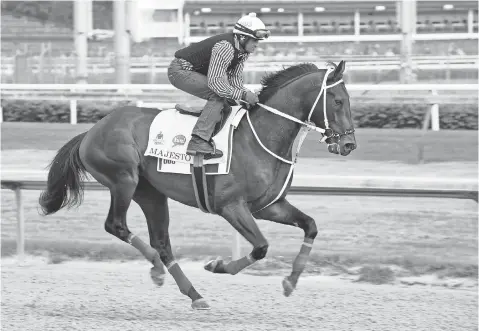  ?? JAMIE RHODES, USA TODAY SPORTS ?? Majesto, running with exercise rider JJ Delgado aboard, made his mark with a runner- up finish last month in the Florida Derby.