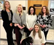  ?? Photo by Brian D. Stockman ?? Jerri Rook, PA Coordinato­r of Justice Facility Dogs U.S. and Lycoming County's Courthouse dog, Ludo visited the Elk County Courthouse on Thursday. Pictured: Jerri Rook (kneeling), Susanne Straub Schneider (far left) and the Elk County Prothonota­ry office staff.