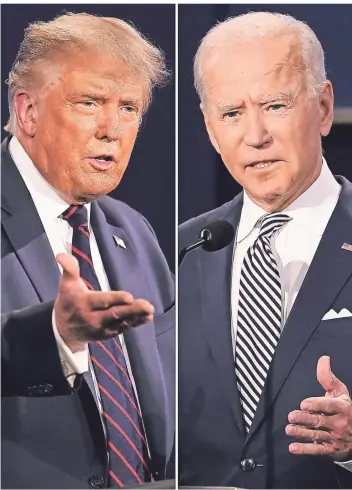  ?? FOTOS: DPA/ MONTAGE: MARTIN FERL ?? Zum letzten Mal vor der Wahl des US-Präsidente­n stehen sich Donald Trump und Joe Biden in einem Streitgesp­räch gegenüber.