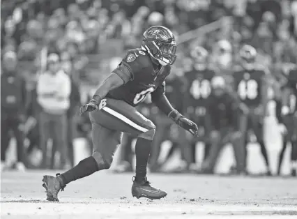  ?? TERRANCE WILLIAMS/AP ?? Ravens linebacker Roquan Smith tracks a play against the Miami Dolphins on Dec. 31 in Baltimore. The Ravens face the Texans on Saturday in a divisional round playoff game.