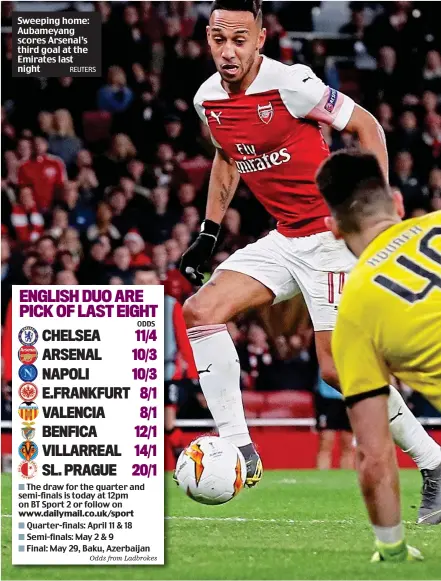  ?? REUTERS ?? Sweeping home: Aubameyang scores Arsenal’s third goal at the Emirates last night