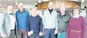  ??  ?? Bath Golf Club’s winning foursome from the shotgun mixed fourball stableford; Russell Wakefield, Andy Akers, Paul Tucker and Tony Mccallum, flanked by club captain Steve Harper and ladies captain Jill Carter