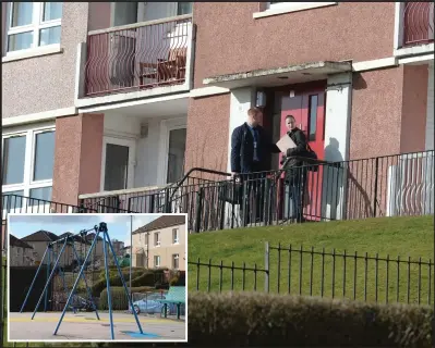  ??  ?? Police officers carry out inquiries after the shooting, which took place near to a children’s playpark, inset