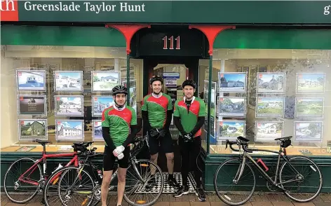  ??  ?? Andy Clements, James Wotton and Jamie Batt outside the Honiton office of Greenslade Taylor Hunt during their 230-mile trip around all the offices