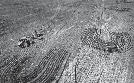  ?? ZBIGNIEW BZDAK/CHICAGO TRIBUNE PHOTOS ?? A tractor spreads liquid cow manure from Chris Weaver’s farmland near Montpelier, Ohio, on Sept. 23, 2019. Weaver, 45, raises about 3,000 dairy cows at that location.