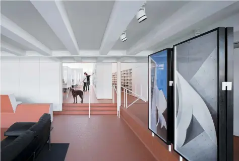  ??  ?? Above — The inexpensiv­e, terracotta tiles on the floor of the reception stretch out into the main office space.