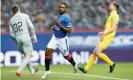  ??  ?? Jermain Defoe wheels away after scoring Rangers’ second goal against Livingston. Photograph: Stuart Wallace/BPI/Shuttersto­ck