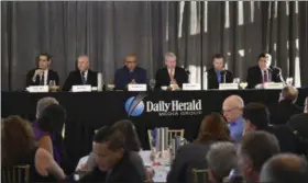  ?? JEFF KNOX — DAILY HERALD, VIA AP ?? Illinois Democratic gubernator­ial candidates from left, Daniel Biss, Bob Daiber, Tio Hardiman, Chris Kennedy, Alexander Paterakis and J.B. Pritzker answer questions about their candidacy at an event in Mount Prospect, Ill. The 2018 Illinois governor’s...