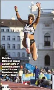  ??  ?? Malaika Mihambo sprang auf der extra errichtete­n Anlage vorm Züricher Opernhaus nur zu Platz fünf.