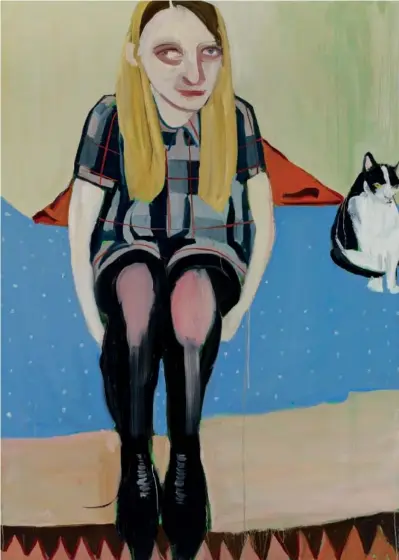  ??  ?? Chantal Joffe, Moll with the Cat, 2014; oil on canvas; 213.5 x 152.5 cm. Photo: Dario Lasagni. © The artist.