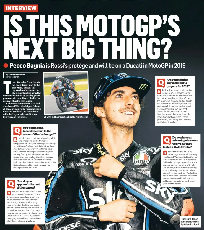  ??  ?? 21-year-old Bagnia is heading the Moto2 series The young Italian is being mentored by Valentino Rossi