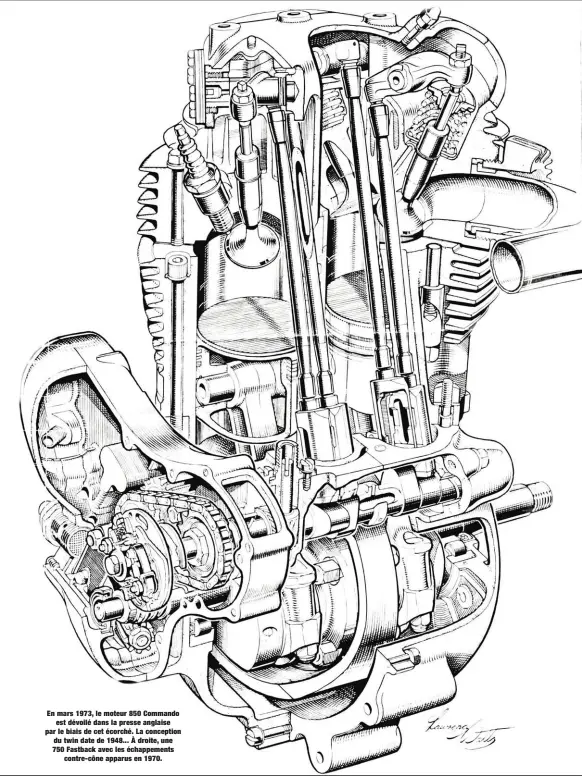  ??  ?? En mars 1973, le moteur 850 Commando est dévoilé dans la presse anglaise par le biais de cet écorché. La conception du twin date de 1948... À droite, une 750 Fastback avec les échappemen­ts contre-cône apparus en 1970.