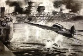  ?? (Historic Military Press) ?? ■ Left: A wartime drawing by an unknow artist depicting Flying Officer Kenneth Campbell’s Beaufort, N1016 of 22 Squadron, attacking Gneisenau on 6 April 1941.