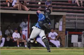  ?? AUSTIN HERTZOG - MEDIANEWS GROUP ?? Post 625 catcher Tom Hegedus fields a bunt and throws to first for an out against Boyertown in the first round of the Pa. Region 2 tournament at Boyertown on July 19.