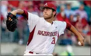  ?? Arkansas Democrat-Gazette/MITCHELL PE MASILUN ?? Pitcher Kacey Murphy had a no-hitter going through six innings for Arkansas before giving up a bunt single in the top of the seventh to Memphis right fielder Chris Carrier. It was the only hit Murphy and reliever Josh Alberius allowed to the Tigers.