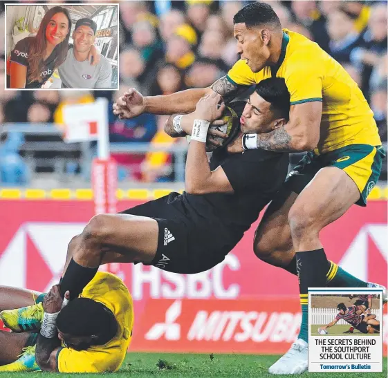  ?? Picture: AFP ?? Australia's Israel Folau (right and inset with wife Maria) helps take down New Zealand's Rieko Ioane in the Bledisloe opener.
