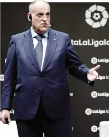  ?? ANSA ?? Javier Tebas, 60 anni, presidente della Liga spagnola