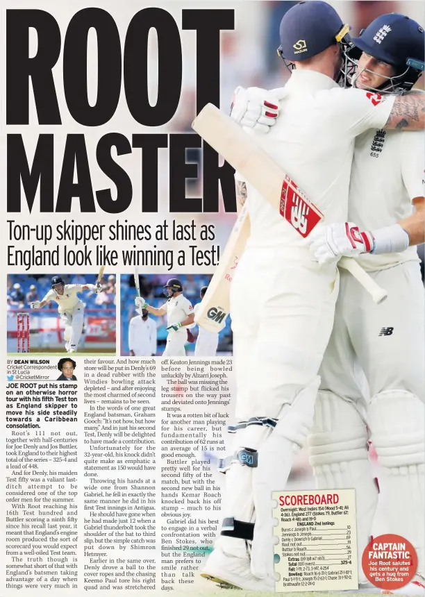  ??  ?? CAPTAIN FANTASTIC Joe Root salutes his century and gets a hug from Ben Stokes