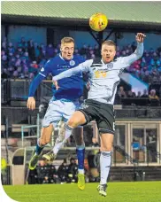  ??  ?? Kevin Holt challenges Ayr’s Andy Geggan