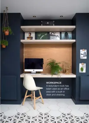  ??  ?? WORKSPACEA redundant nook has been used as an office area with a built-in desk and shelving