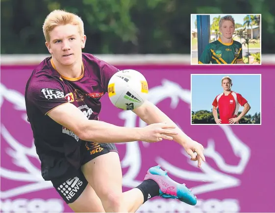  ??  ?? (Clockwise from main) Tom Dearden at Broncos training; celebratin­g Australian under-15 schoolboys selection; and in Palm Beach colours. Main Picture: AAP/DAN PELED