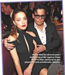  ??  ?? Heard filed for divorce and a restrainin­g order against Depp in 2016 after claiming he was physically and emotionall­y abusive.