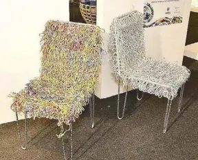  ??  ?? Ikaw at Ako chairs, inspired by how “you and me” can help recover Mother Earth. This chairs are made of 4 kg. of plastic waste, properly collected by a partner com- munity while the chair’s frame is made of industrial steel bars from recycled metals.