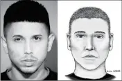  ?? MARICOPA COUNTY SHERIFF’S OFFICE AND PHOENIX POLICE DEPARTMENT VIA AP ?? THIS PHOTO AND SKETCH COMBO SHOWS AN UNDATED PHOTO PROVIDED BY THE MARICOPA County Sheriff’s Office of Aaron Saucedo (left) and a July 2016 composite sketch provided by the Phoenix Police Department showing a suspect in a series of fatal shootings in...