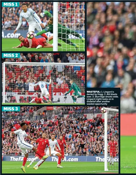  ??  ?? WASTEFUL: 1. Lingard is denied by Hogg. 2. Alli blasts over. 3. Sturridge shoots wide. Lingard (right) looks on in disbelief after another wasted opportunit­y