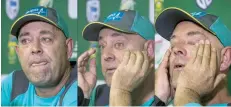  ?? — AFP ?? Australian coach Darren Lehmann wiping his eyes and responding to questions during a press conference in Johannesbu­rg.