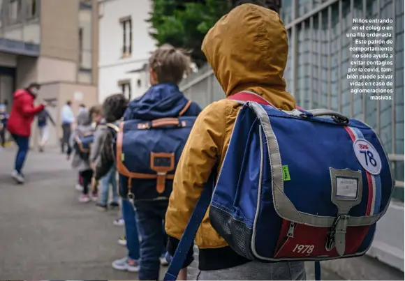  ??  ?? Niños entrando en el colegio en una fila ordenada. Este patrón de comportami­ento no solo ayuda a evitar contagios por la covid, también puede salvar vidas en caso de aglomeraci­ones masivas.