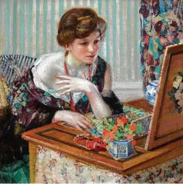  ?? The Frank and Michelle Hevrdejs Collection photos ?? Richard Edward Miller’s “The Scarlet Necklace,” from 1914, has still-life elements, including the vase of flowers.