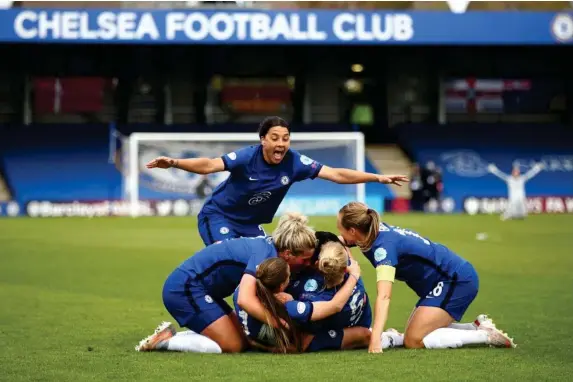  ?? (Getty) ?? Blues celebrate their fourth goal against Bayern Munich