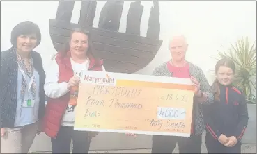  ?? ?? Mary Brady of Marymount Hospice (left) accepting a cheque for €4,000 pictured with Catherine Delaney, Patty Smyth and Alesha Delaney.