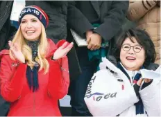  ?? — AFP ?? Ivanka Trump and Kim Jung-Sook, wife of Korean President Moon Jae-In, react during the final of the men’s snowboard big air event at the Alpensia Ski Jumping Centre in Pyeongchan­g on Saturday.