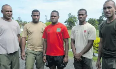  ?? Photo: Lusiana Banuve ?? From left: Corporal Isoa Ranitu, Private Timoci Navoka, Private Aporosa Tematema, Private Orisi Duilomalom­a and Private Lorima Tabaka at the military base in Lautoka on December 6, 2017.