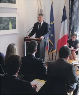  ??  ?? Minister Abela, flanked by Malta’s ambassador to France, Helga Mizzi, addresses the event organised with representa­tives of the Maltese diaspora in France.