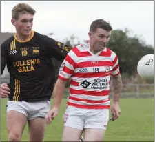  ??  ?? Christophe­r O’Connor of Fern’s St. Aidan’s and Eoin Murphy of Adamstown keep their eyes on the ball during their Intermedia­te football championsh­ip game at St. Patrick’s Park.