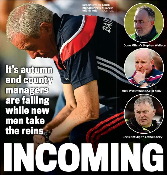  ??  ?? Departure: ex-Louth manager Pete McGrath left his role Gone: Offaly’s Stephen Wallace Quit: Westmeath’s Colin Kelly Decision: Sligo’s Cathal Corey