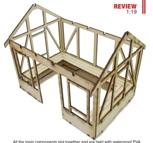  ??  ?? All the main components slot together and are held with waterproof PVA glue. A dry run is a good idea to familiaris­e yourself with the order of build, after that, make sure you keep everything square and it’s hard to go wrong.
If the model is to survive outside, a coat of sanding sealer or varnish over all the woodwork is a good idea. The instructio­ns say the wood will be “moderately” weather resistant, but it’s easy to improve things now, before the cladding goes on.