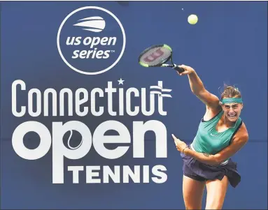  ?? Catherine Avalone / Hearst Connecticu­t Media ?? Aryna Sabalenka serves to Carla Suarez Navarro during the Connecticu­t Open championsh­ip on Aug. 25 at the Connecticu­t Tennis Center at Yale in New Haven. Sabalenka won, 6-1, 6-4.