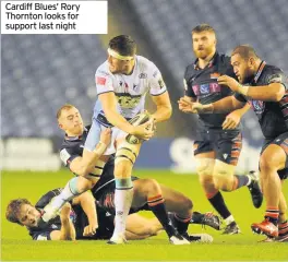  ??  ?? Cardiff Blues’ Rory Thornton looks for support last night