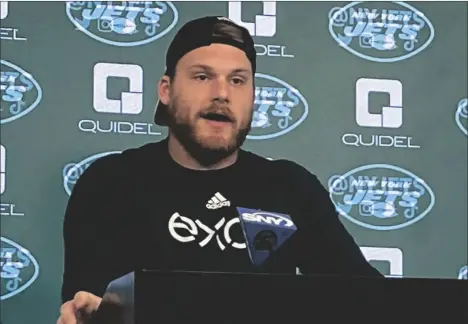  ?? AP PHOTO/DENNIS WASZAK JR. ?? New York Jets defensive lineman Gavin Greene speaks to reporters at the team’s NFL football facility in Florham Park, N.J., on Saturday.