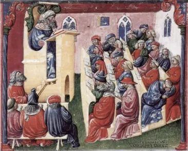  ??  ?? Ortaçağ’da üniversite: Laurentius de Voltolina, Bologna Üniversite­si’nde ders, İtalya, 14. yüzyıl.